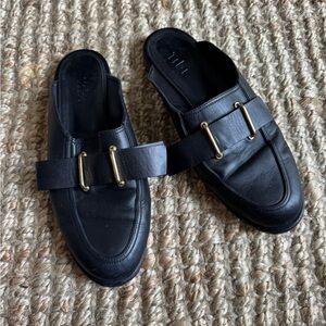 Tibi Black Leather Loafer mules with Gold Accents